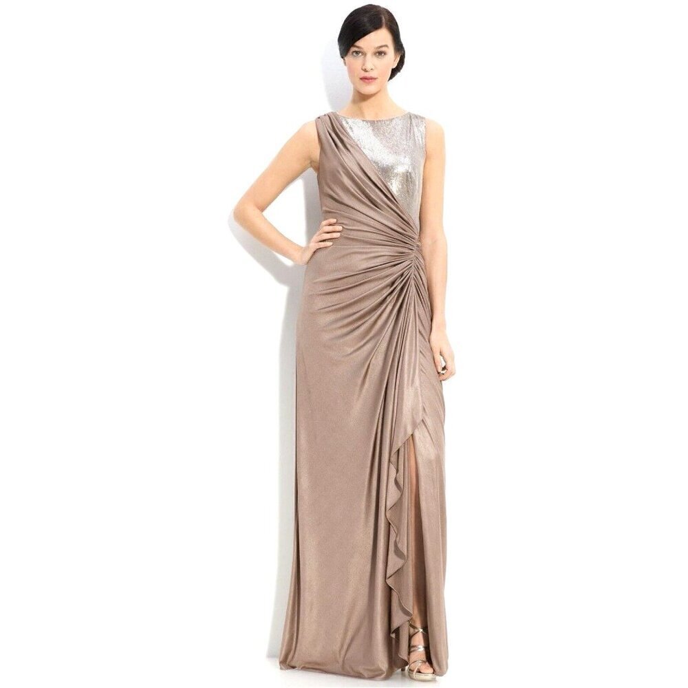 TADASHI SHOJI Sleeveless Jersey Stretch Sequin Dress Gown Draped Ruched SZ M